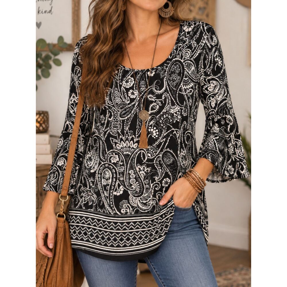 APT. 9 Womens Small Black White Paisley Bell Sleeve Boho Tunic Blouse Top